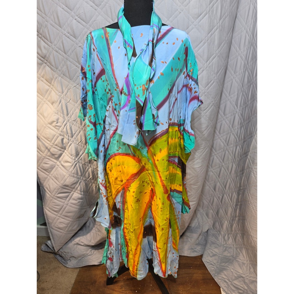 Zabochs for‎ Nicole Vintage 100% Pure Silk Kaftan Maxi Dress W/ Scarf Small Boho